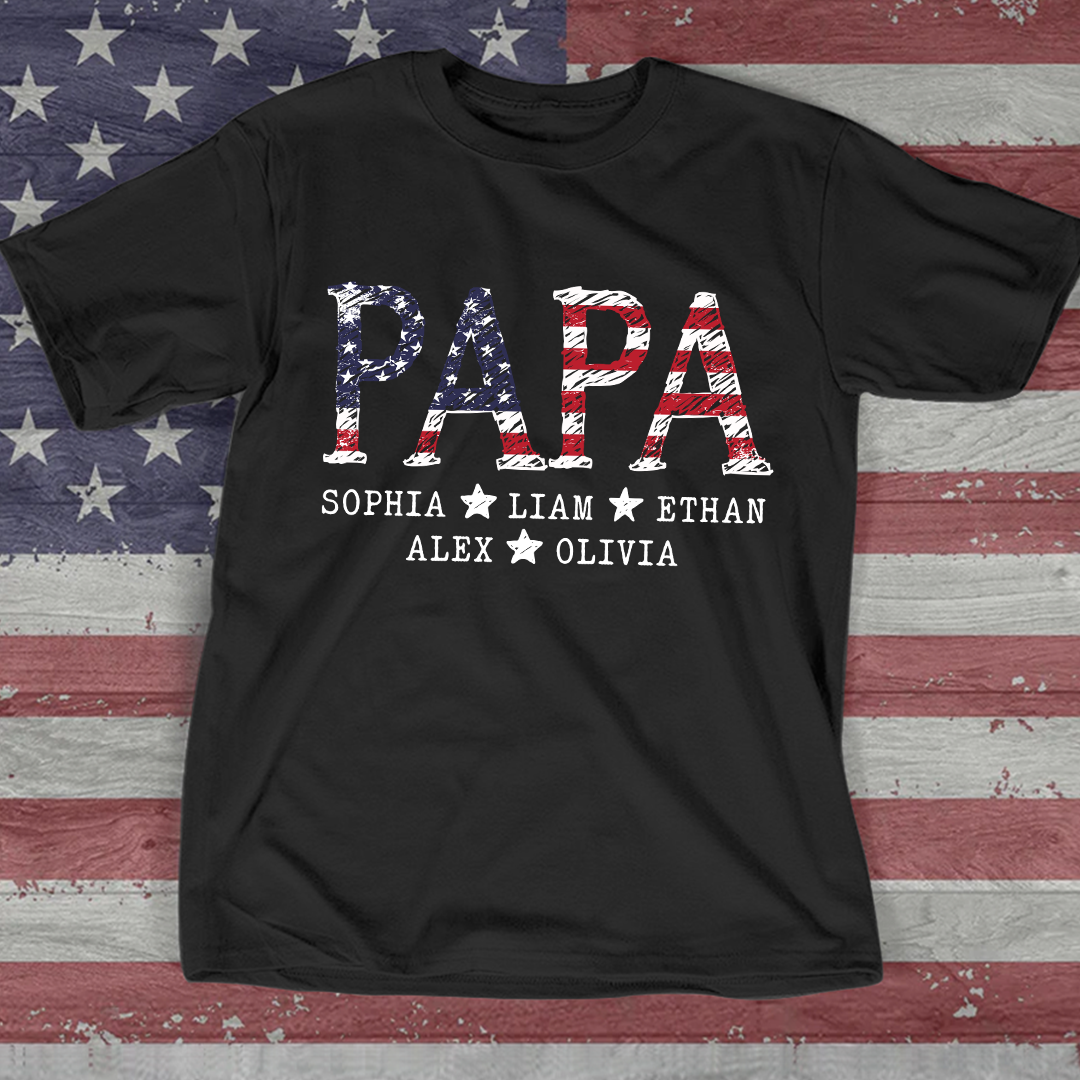 Personalized Papa 4th July Independence Day American Flag T-Shirt, Patriotic gift for grandpa And Kids