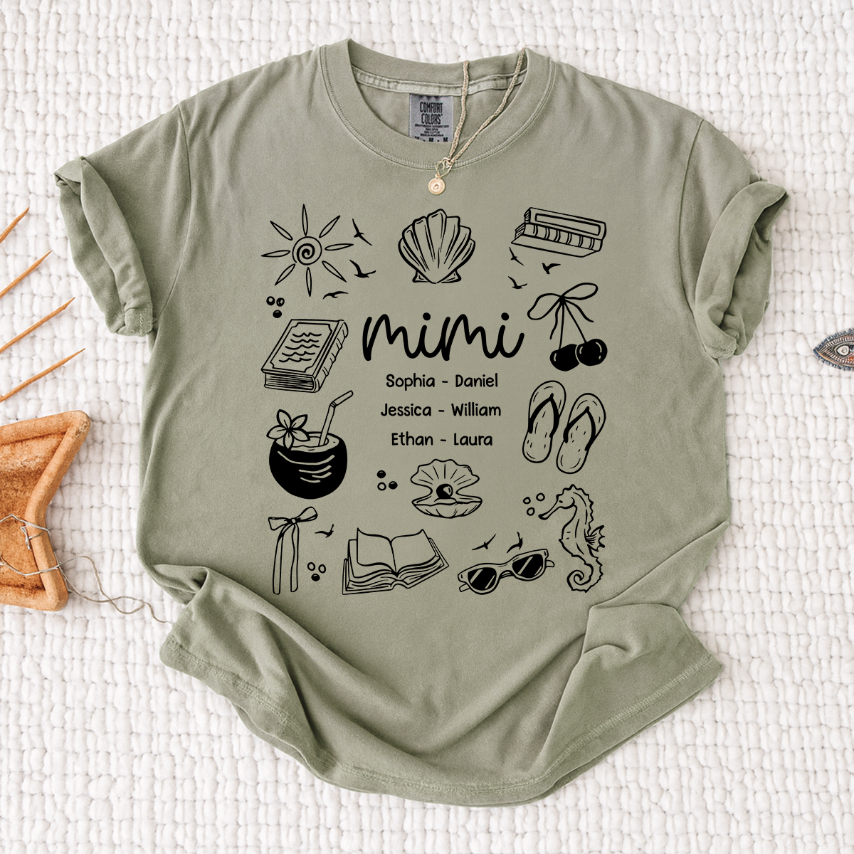 Comfort Colors Personalized Mimi Shirt with Grandkids Names, Custom Coastal Summer Tee, Beach Inspired Family Gift for Grandma and Mimi