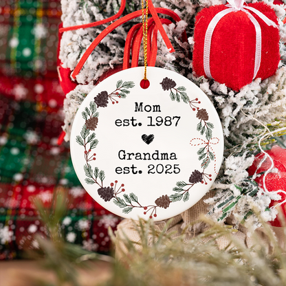 Personalized Mom And Grandma Ornament, Custom Established Year Christmas Wreath Decoration 2025