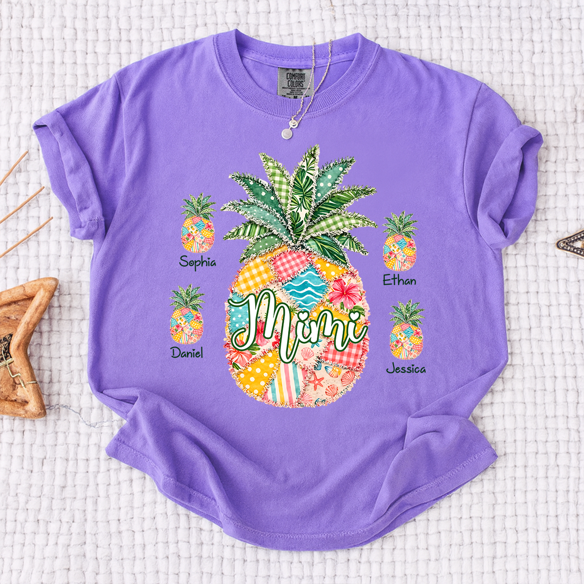 Comfort Colors Personalized Mimi Pineapple Shirt with Grandkids Names, Custom Grandma Tropical T Shirt for Women, Summer Beach Family Gift
