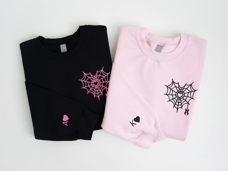 Custom Embroidered Couple Hoodie, Heart Spider Hoodie, Heart Spiderweb Couple Hoodie, Personalized Couple Gifts, Matching Couple Gifts Hoodie, Sweatshirt