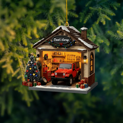 Personalized Garage Ornament – Custom Name Jeep Garage Christmas Decoration, Perfect Gift for Car Lovers Ornament