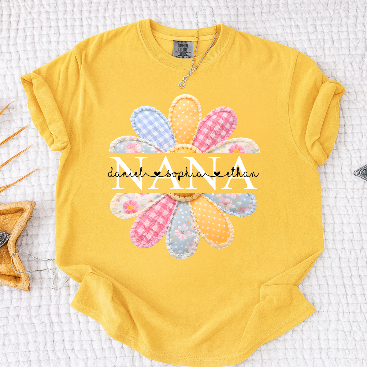 Comfort Colors Personalized Nana Shirt with Colorful Patchwork Daisy – Custom Grandma Gift with Grandkids  Names