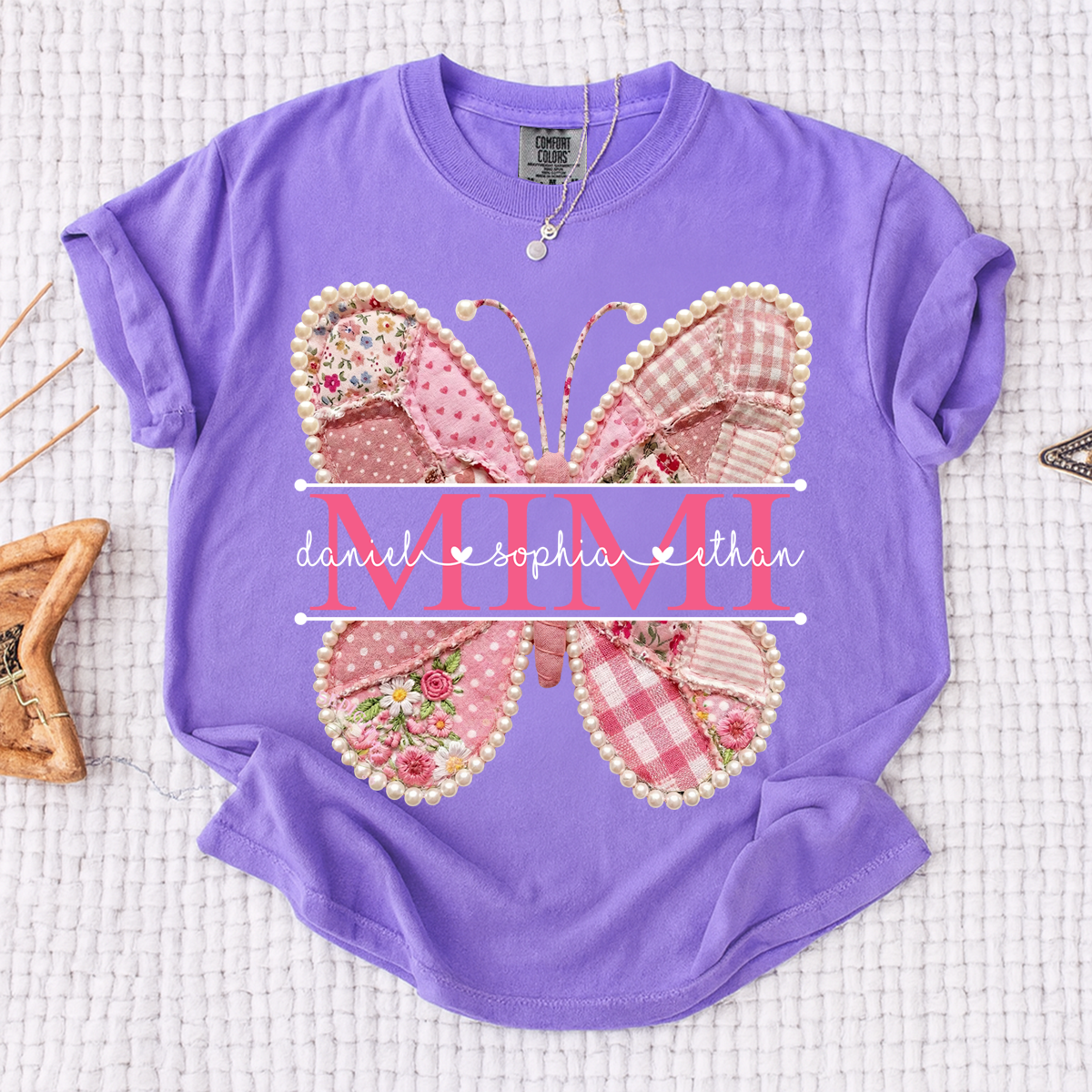 Comfort Personalized Mimi Shirt with Grandkids Names, Pink Butterfly Patchwork Design Family Tee