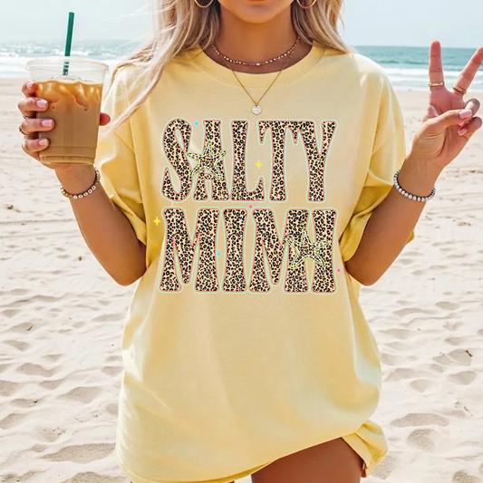 Comfort Colors® Personalized Salty Mimi Leopard Starfish Shirt, Beach Summer Vacation Tee, Funny Coastal Mimi Mom Life Shirt, Gift for Grandma Nana Mimi Women
