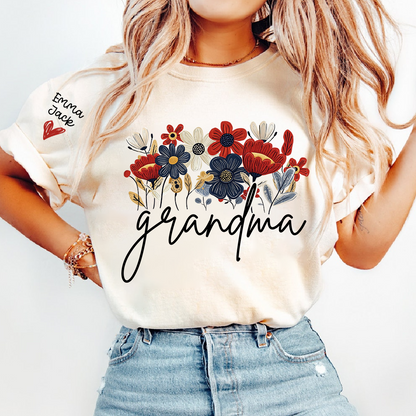Personalized Grandma Floral Shirt with Custom Grandkids Names, Colorful Flower Design