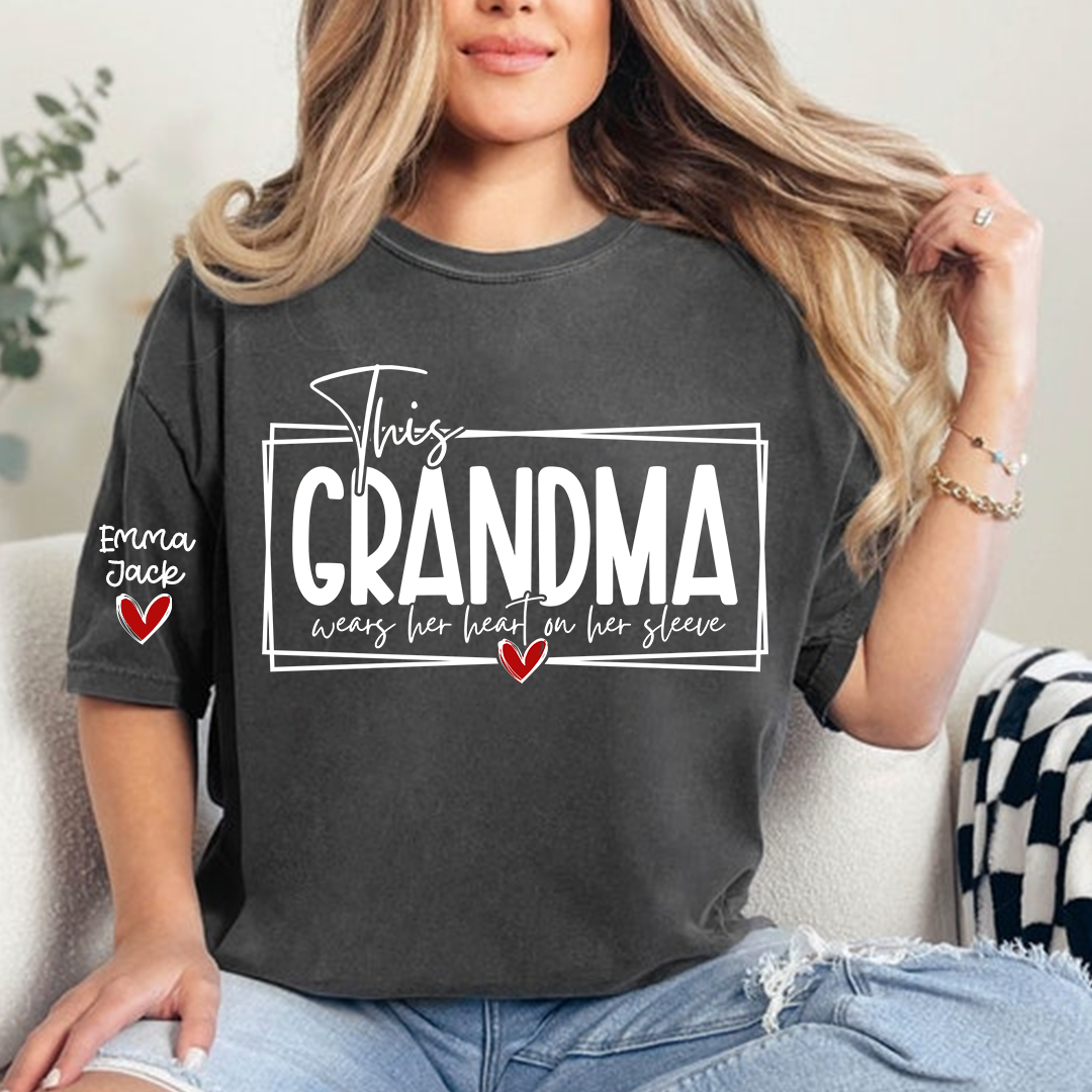 Custom Grandma Family Shirt, This Grandma Wears Her Heart Quote T Shirt