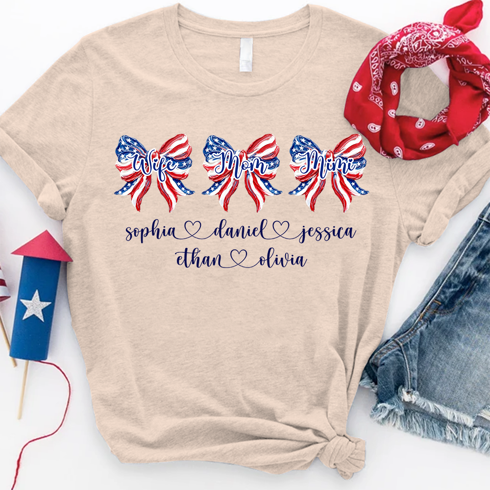 Custom Wife Mom Mimi Grandma Shirt, Patriotic Bow Tee with Family Names, Personalized Fourth of July Gift for Women