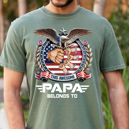 Personalized Papa Shirt This Awesome Papa Belongs To, Custom Kids Names Patriotic Eagle T-Shirt