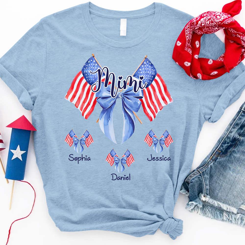Personalized Mimi Patriotic Shirt with Kids Names, Custom Grandma American Flag Bow T Shirt for 4th of July Family Gift
