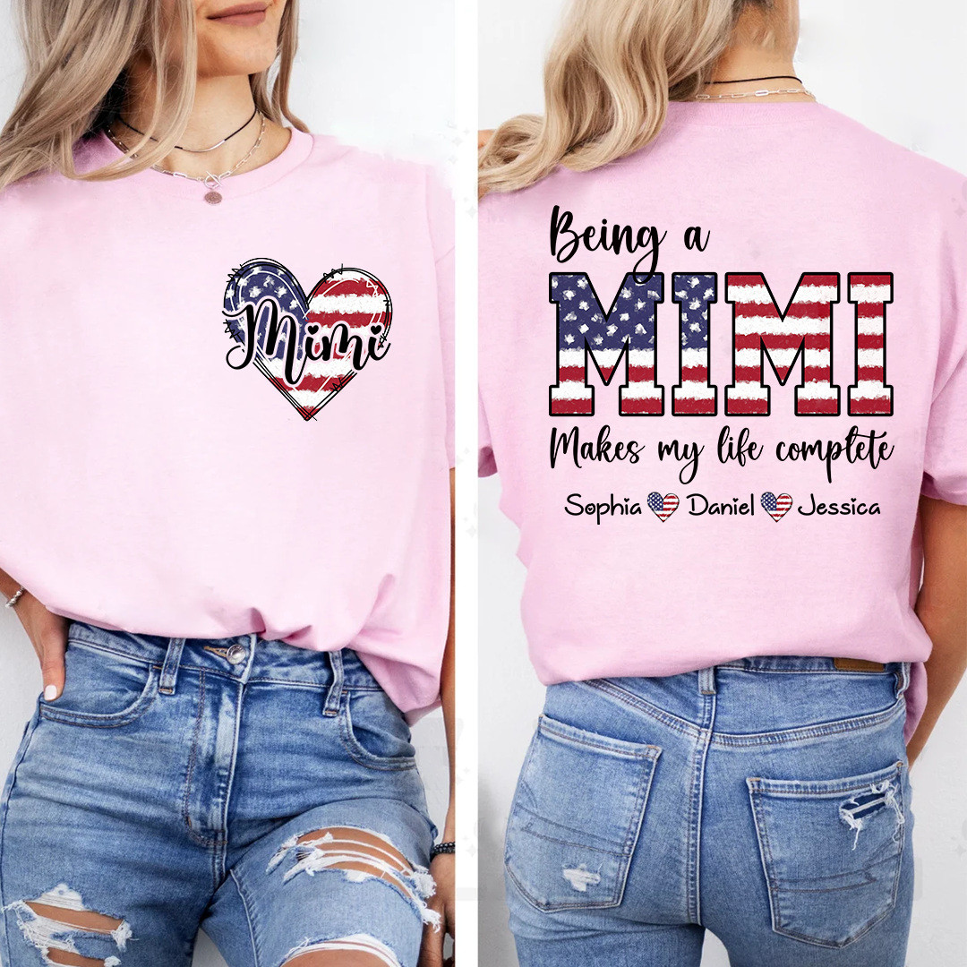 Mimi American Flag Heart Shirt, Personalized Grandma T-Shirt with Children’s Names, Gift for Mom or Nana