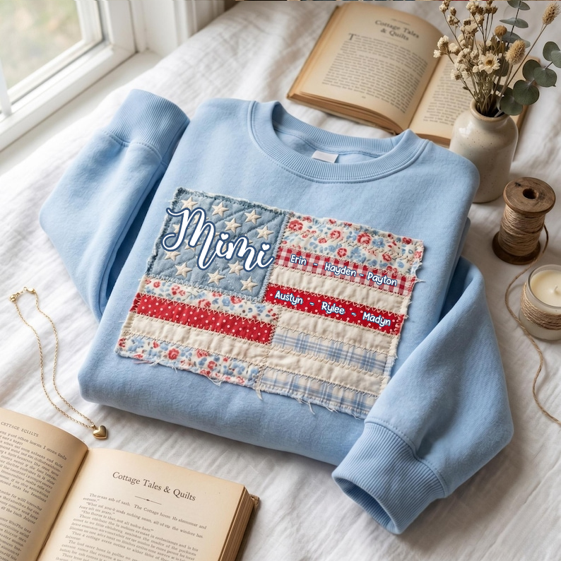Personalized Mimi American Flag Sweatshirt with Grandkids Names, Custom Patchwork USA Flag Crewneck, Patriotic Grandma Gift