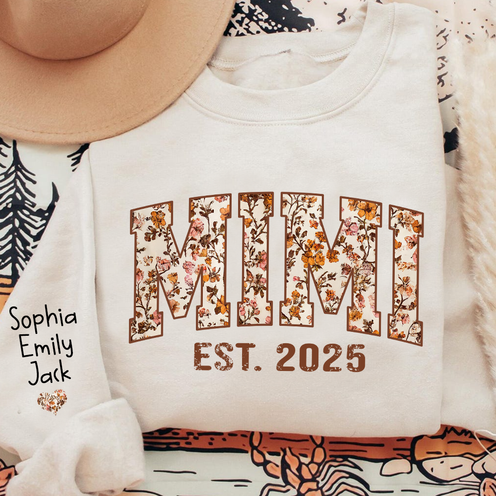 Personalized Fall Grandma, Fall Floral Sweatshirt with Name on Sleeve, Grandma Gift