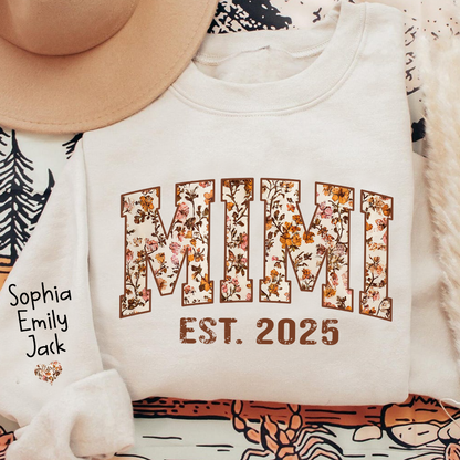 Personalized Fall Grandma, Fall Floral Sweatshirt with Name on Sleeve, Grandma Gift
