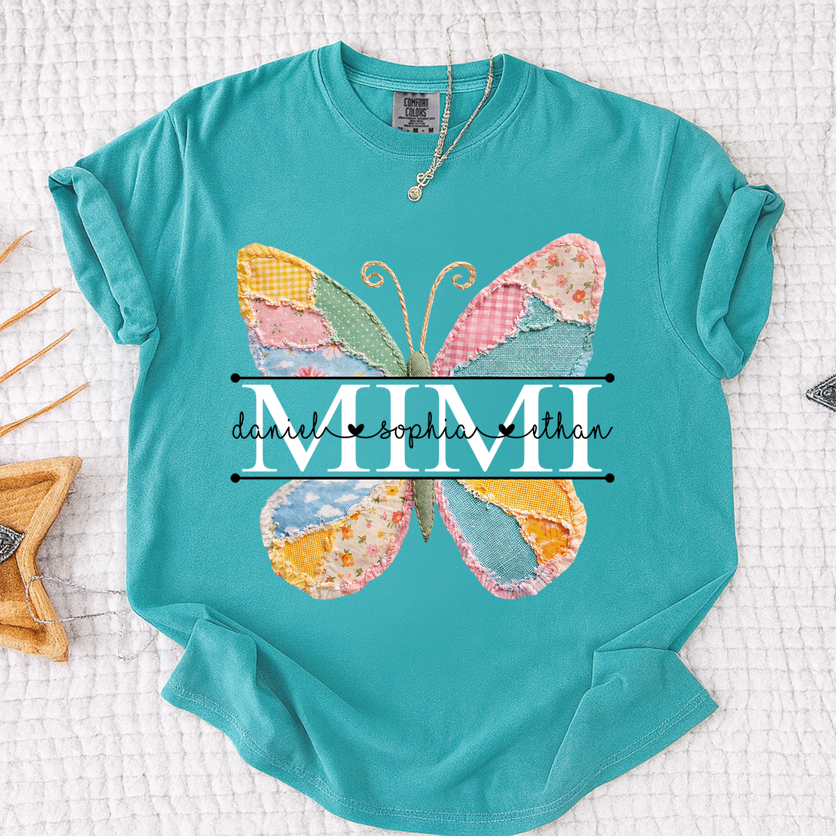 Comfort Personalized Mimi Shirt with Grandkids Names, Butterfly Patchwork Design Family Tee