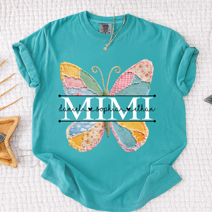 Comfort Personalized Mimi Shirt with Grandkids Names, Butterfly Patchwork Design Family Tee