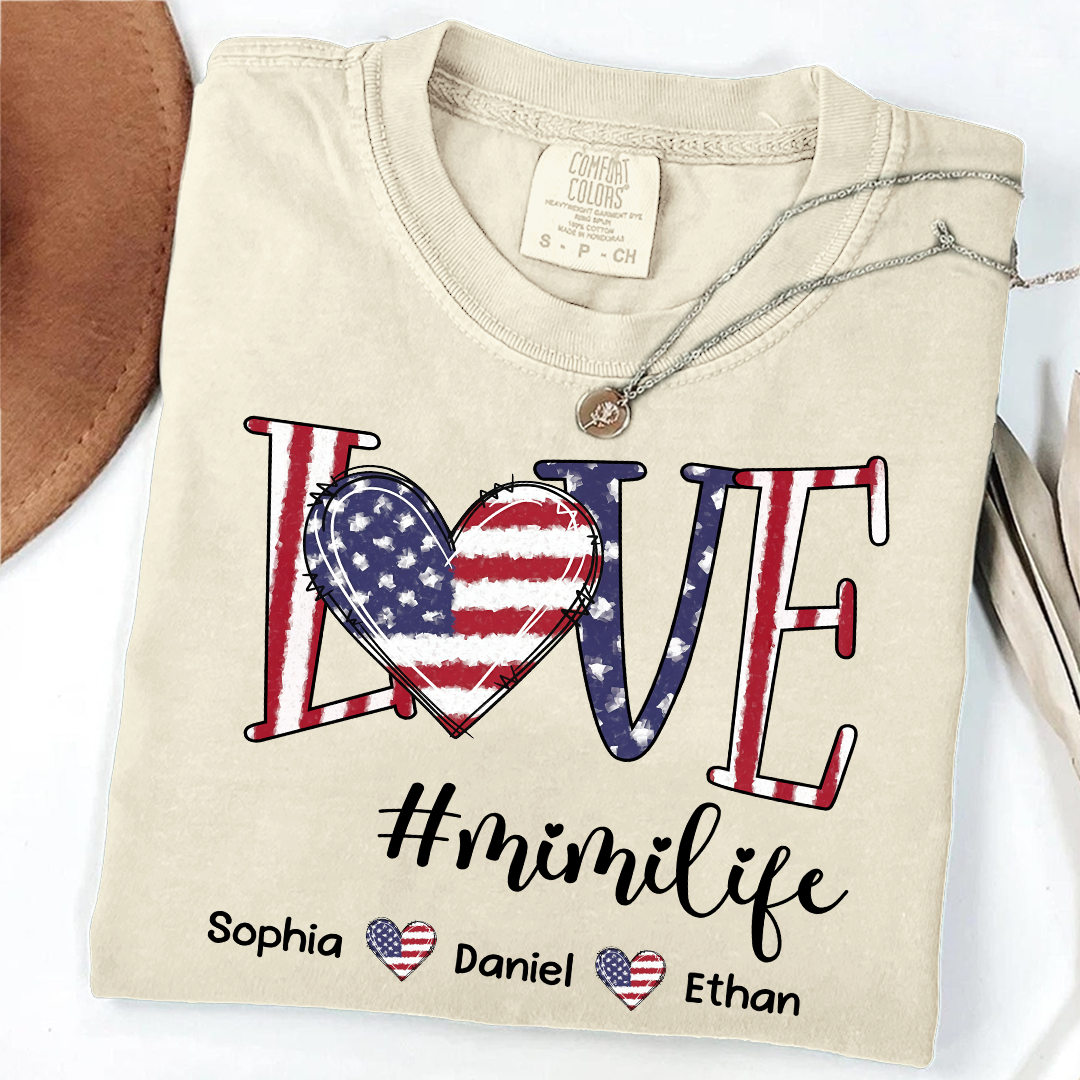 Comfort Colors Custom Mimi T Shirt with Grandkids Names USA Flag Love Graphic Mimi Life Shirt Personalized Grandma Apparel Family Gift