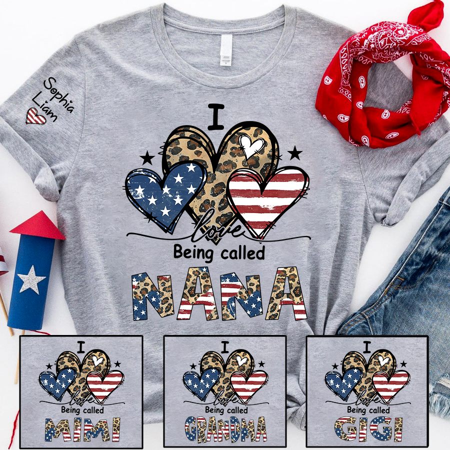 I Love Being Called Nana Shirt with Grandkids Names USA Flag and Leopard Heart Graphic Custom Family Name Tee