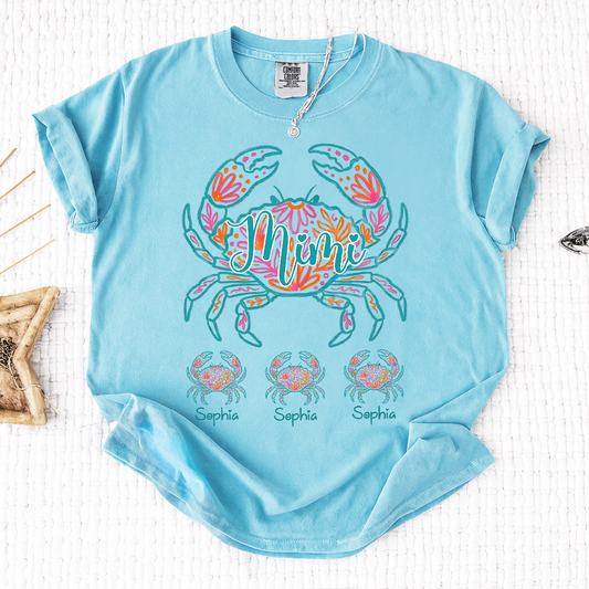 Comfort Colors Personalized Floral Crab Shirt for Women – Custom Name Cancer Zodiac Graphic Tee, Cute Beach Summer T-Shirt