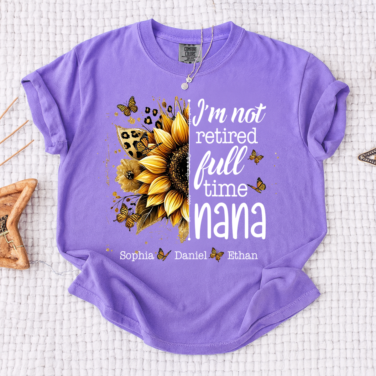 Comfort Colors Mimi Sunflower T-Shirt Personalized, I’m Not Retired Full Time Mimi with Custom Family Names
