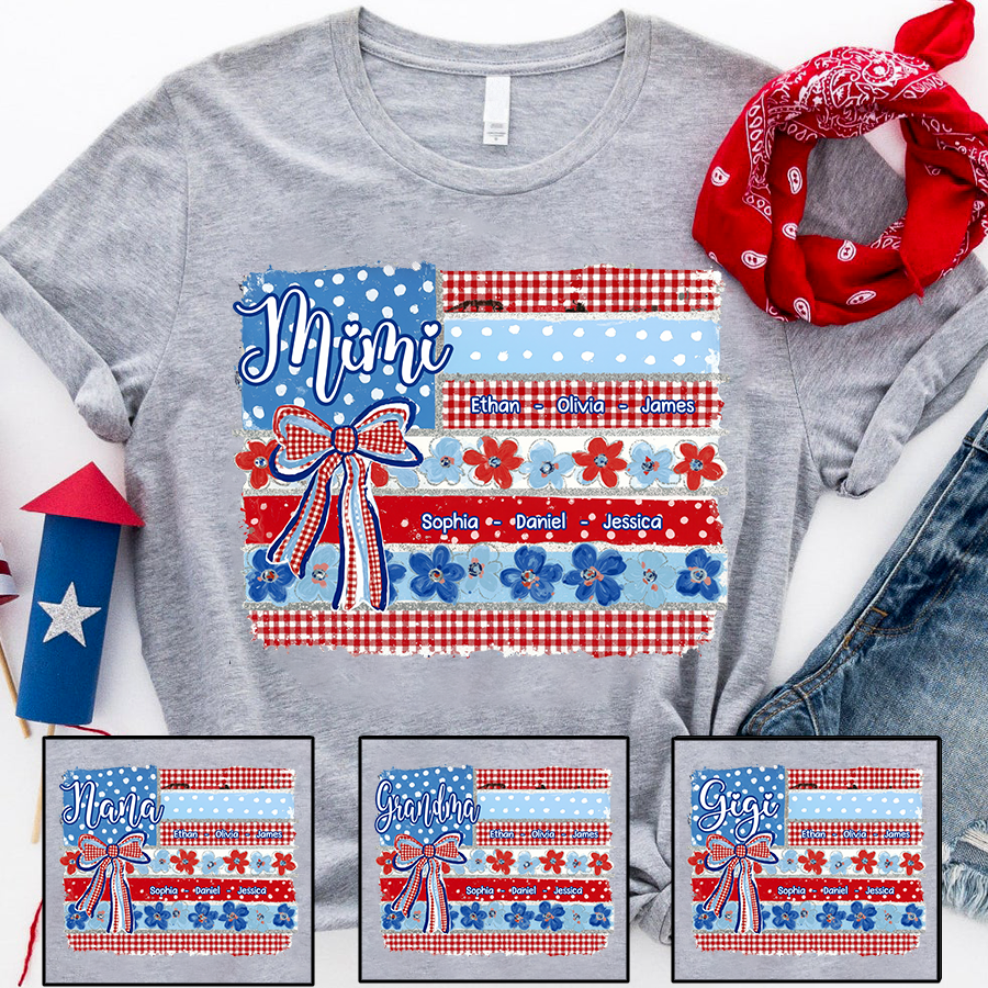 Patriotic Mimi Shirt with Grandkids Names Custom Family Shirt Featuring American Flag and Floral Bow Design