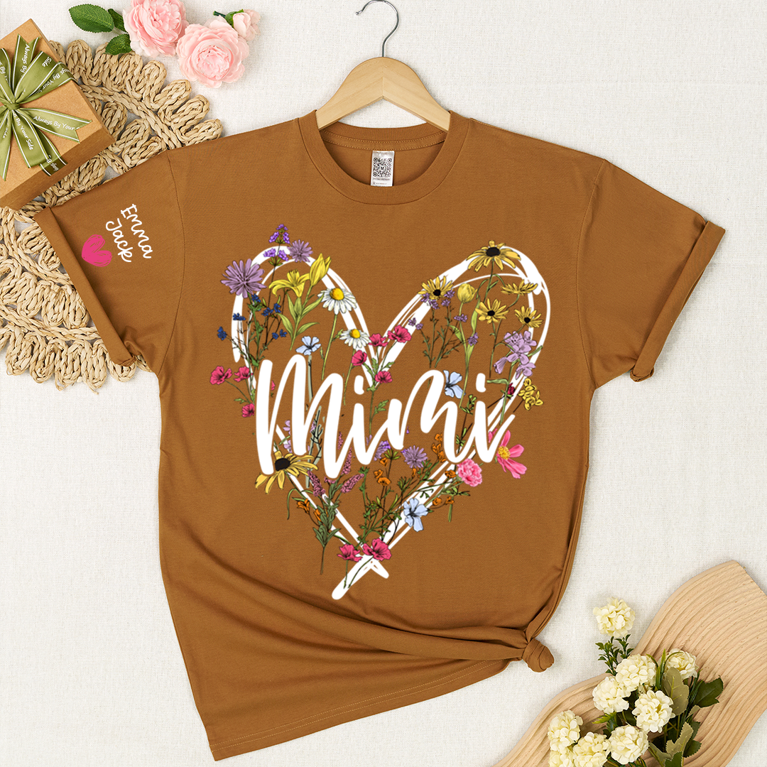 Personalized Mimi Shirt with Grandkids Names, Floral Heart Design Family Tee