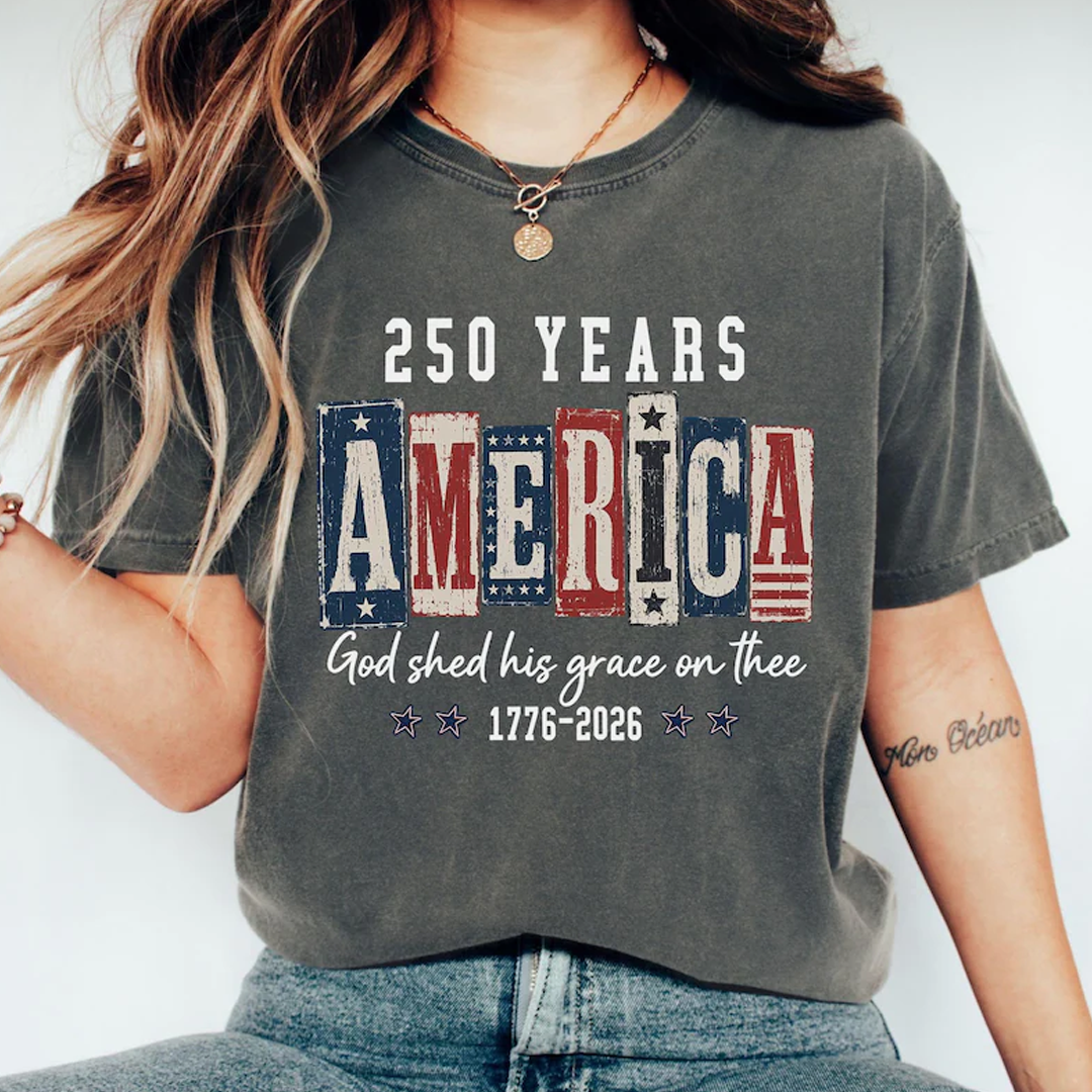 Comfort Colors® Christian American Flag Shirt, 250 Years America Shirt, God Shed His Grace 1776-2026 Patriotic Independence Day Faith Freedom Shirt