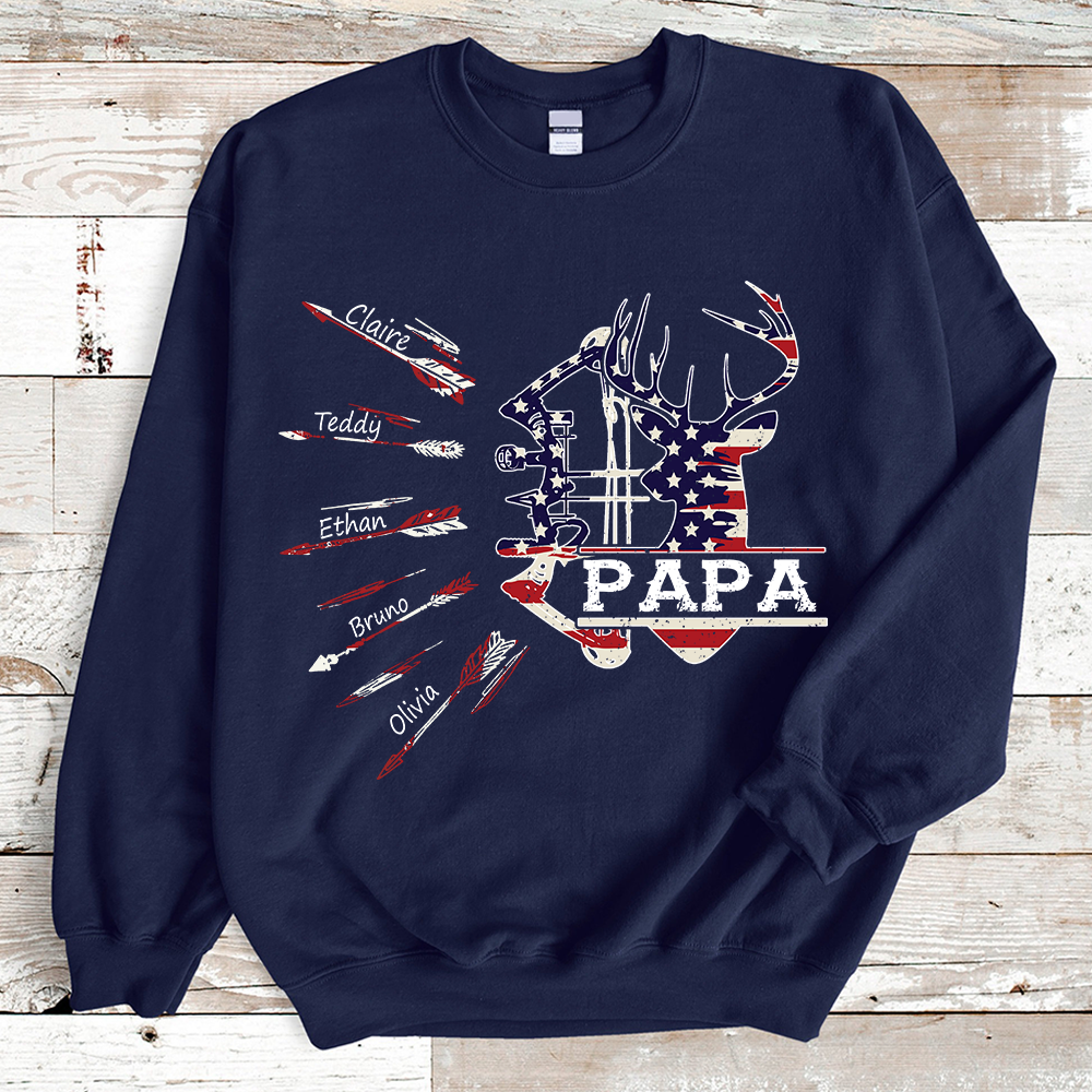 Papa Bow Hunting USA Flag Personalized Grandpa Sweatshirt