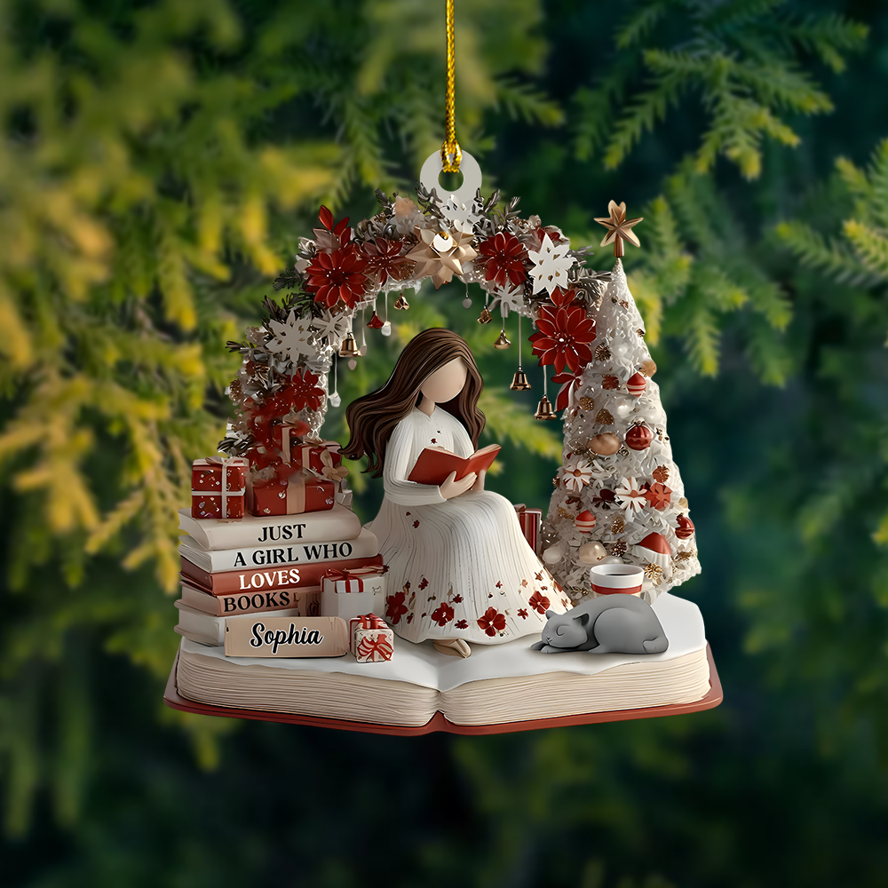 Personalized Book Lover Ornament – Custom Girl Reading Figure Christmas Decor for Readers Ornament