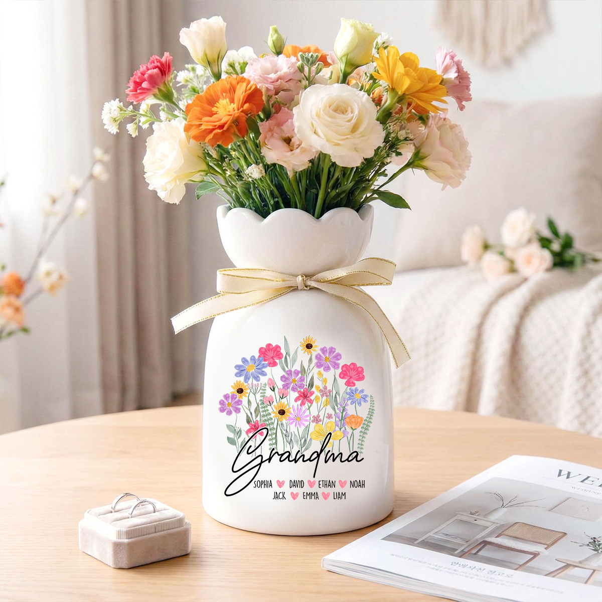 Personalized Ceramic Flower Vase for Mimi, Custom Vase with Kids' Names, Perfect Gift for Grandmother