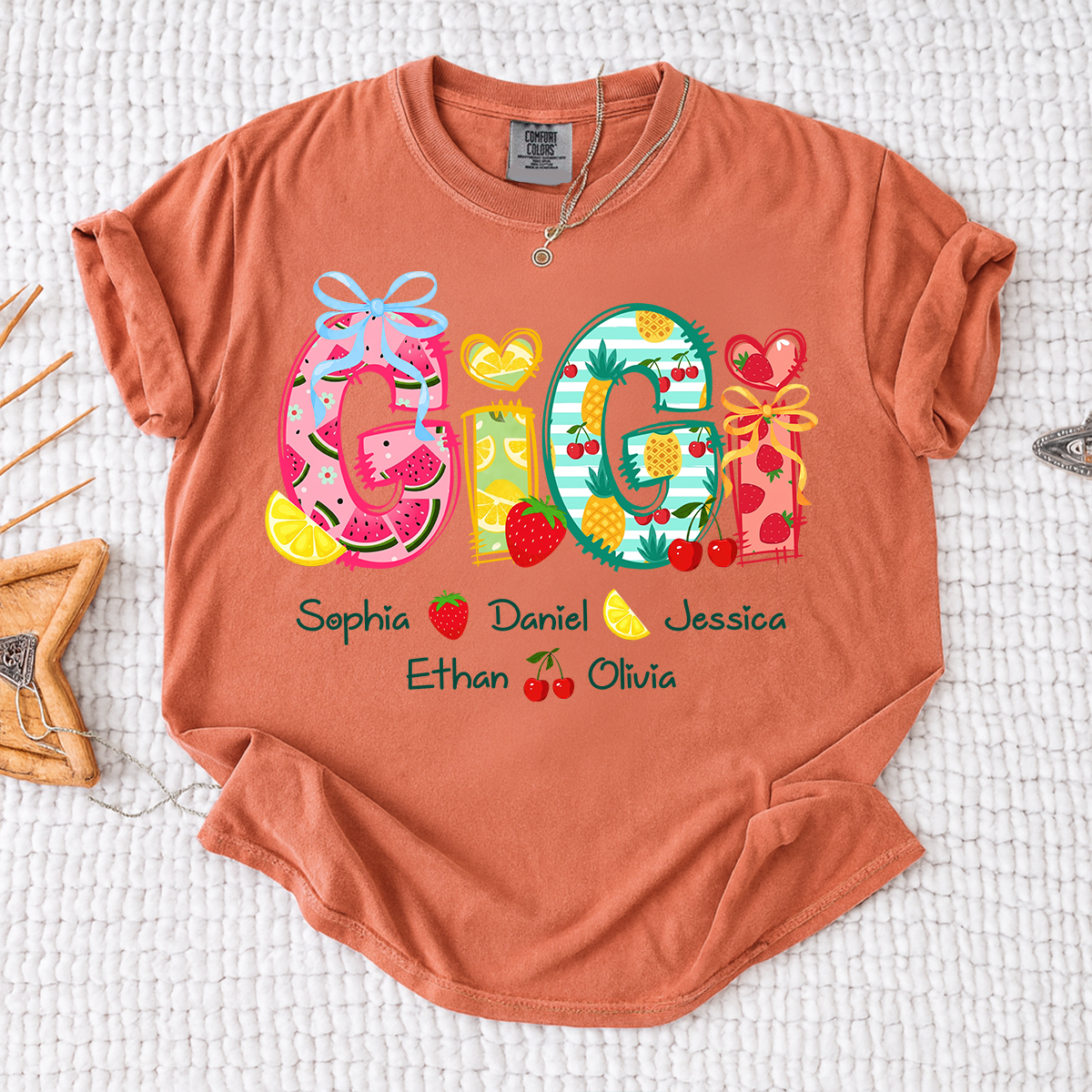 Comfort Colors Custom Gigi Shirt for Grandma, Personalized Family Name T Shirt, Summer Fruit Graphic Tee with Kids Names