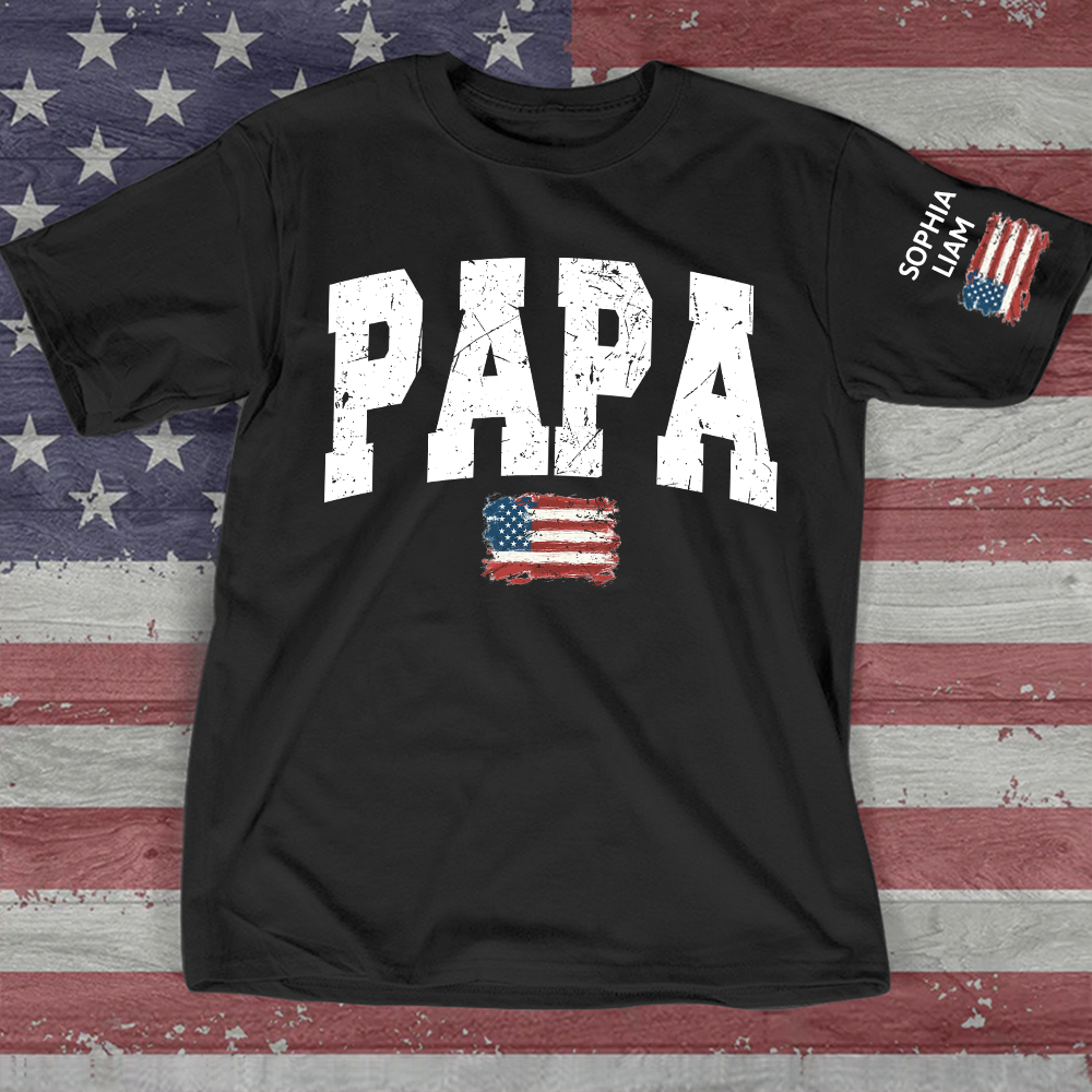 Personalized American Flag Printed Papa T-Shirt, With Custom Grandpa And Kids