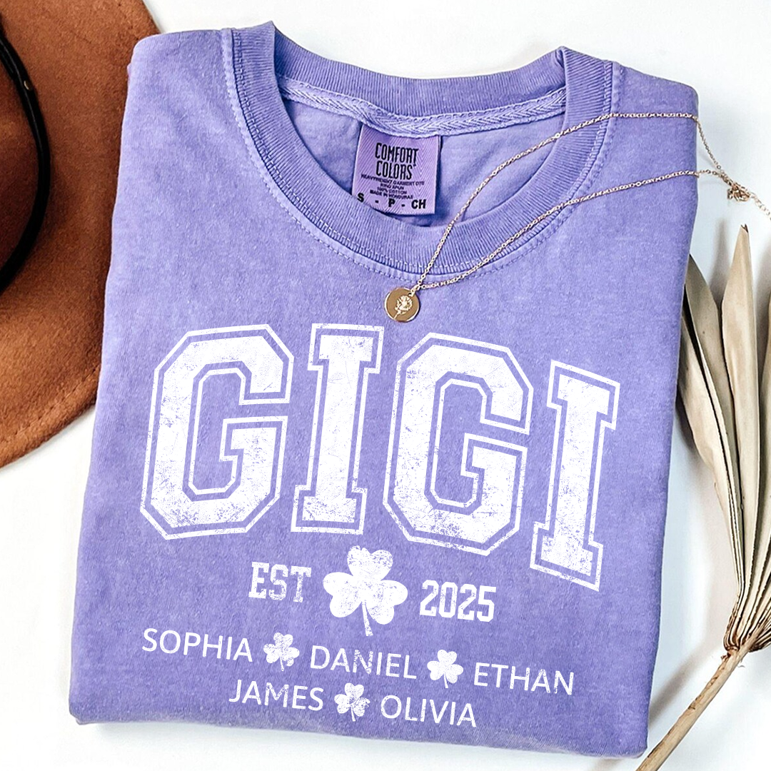 Comfort Colors St Patrick’s Day Gigi Shirt Est 2025, Custom Grandma T Shirt with Kids Names Shamrock Design
