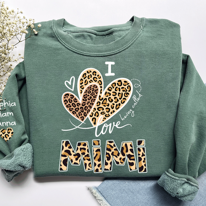 I Love Mimi Sweatshirt with Leopard Heart Design, Personalized Family Crewneck for Valentine
