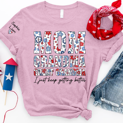 Mom Grandma Great Grandma Shirt, Patriotic Floral Tee with Custom Names, Gift for Mom Grandma Great Grandma Family Shirt
