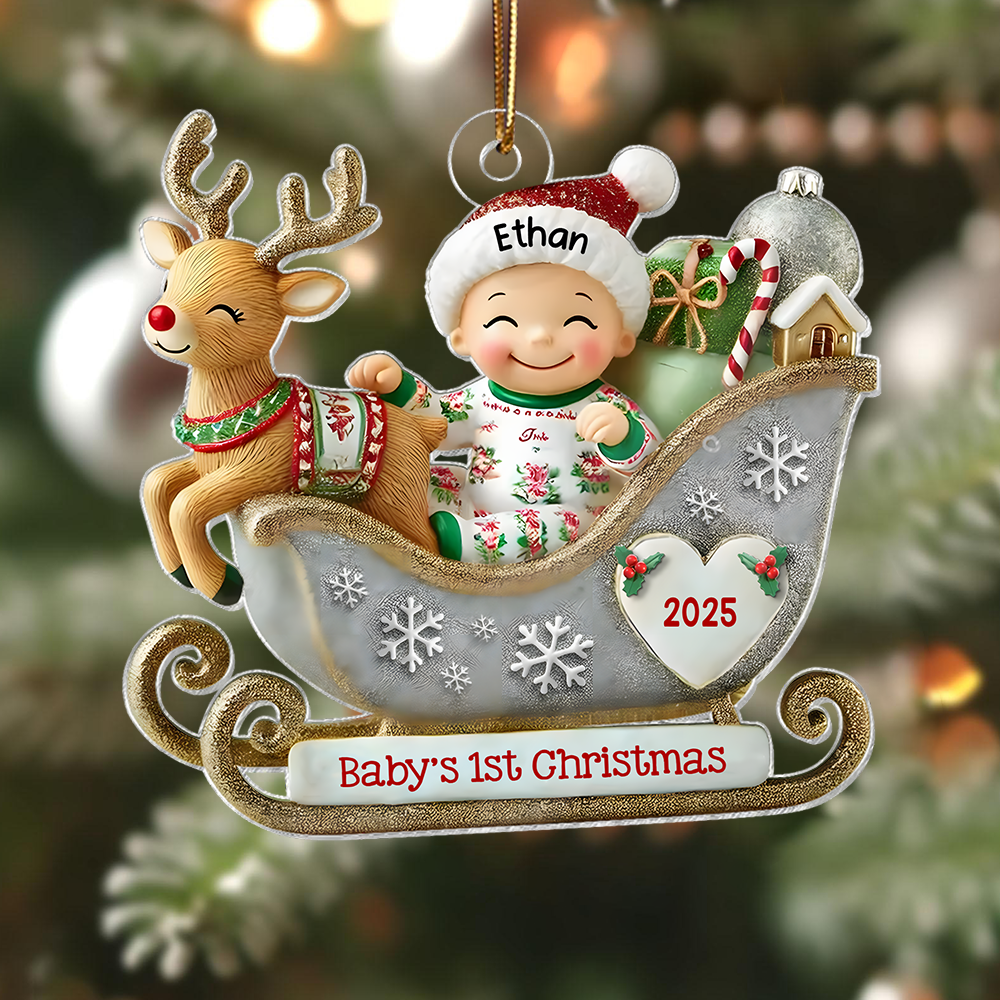 Personalized Baby’s First Christmas Ornament 2025 – Custom Name Reindeer Sleigh Ornament for Newborn Boys & Girls