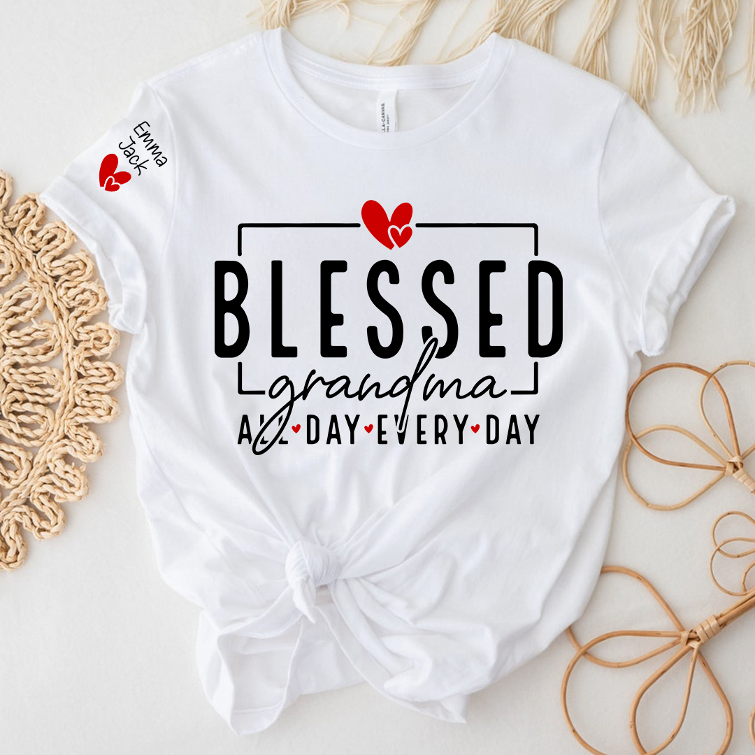 Blessed Grandma All Day Every Day Shirt, Personalized Family T Shirt with Grandkids Names and Heart Design