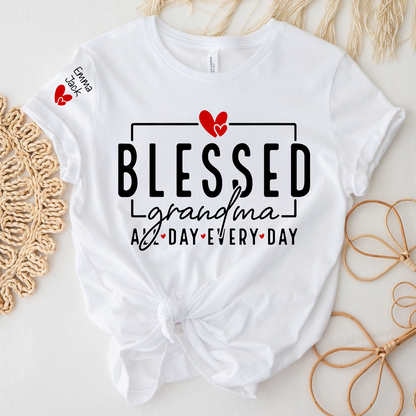 Blessed Grandma All Day Every Day Shirt, Personalized Family T Shirt with Grandkids Names and Heart Design