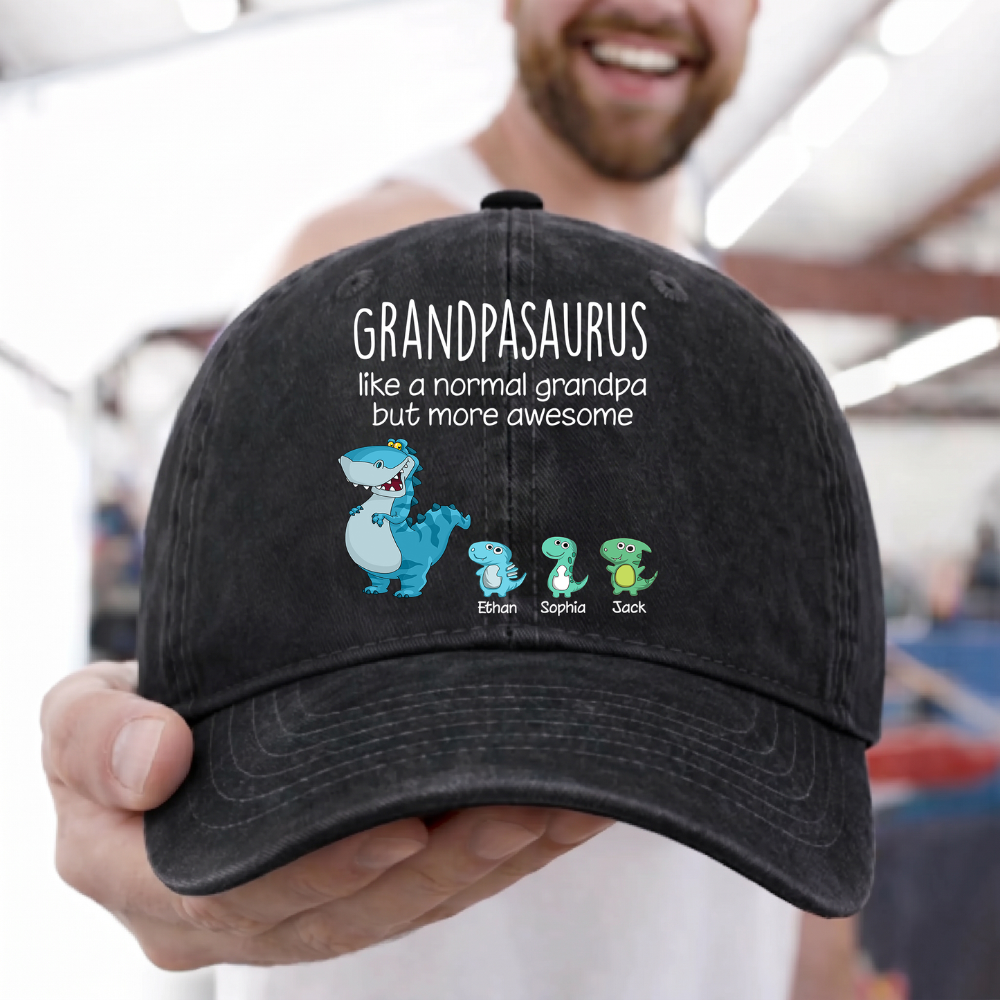 Grandpasaurus Dinosaur Hat for Grandpa, Funny Grandpa Cap with Cute Dino Family Design, Personalized Fathers Day Birthday Gift for Grandfather Dad Men