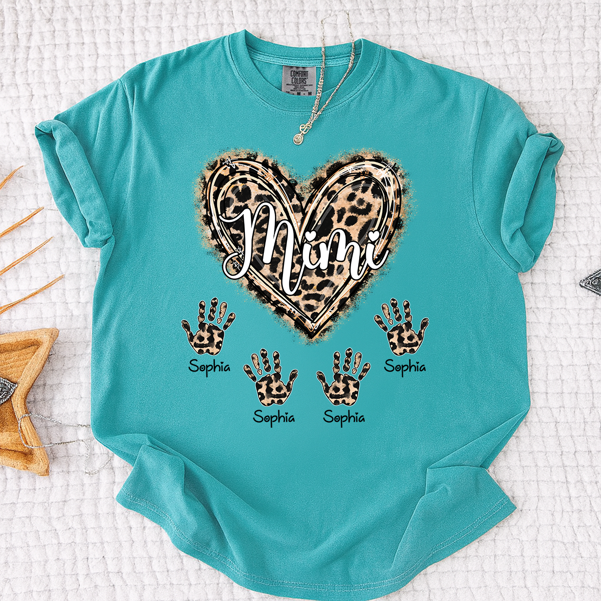 Comfort Colors Mimi Leopard Heart Shirt, Custom Handprint T Shirt with Grandkids Names, Unique Gift for Mimi, Personalized Family Shirt