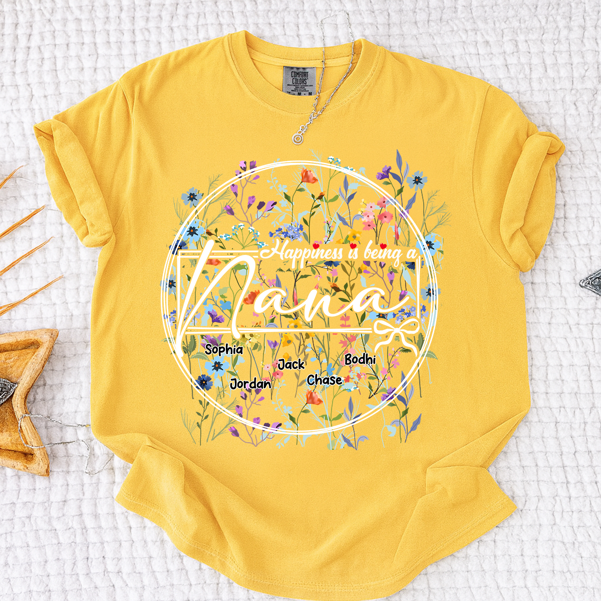 Comfort Colors® Happiness is Being a Nana - Personalized Floral Shirt with Kids’ Names, Ideal Gift for Nana