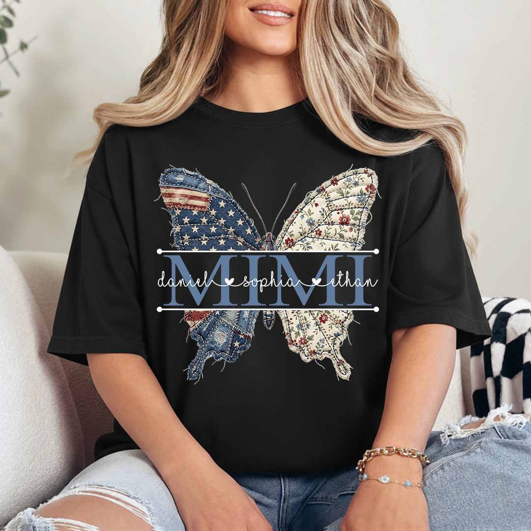 Custom Mimi Butterfly T-Shirt, Patriotic 4th of July Gift For Grandma And Kids