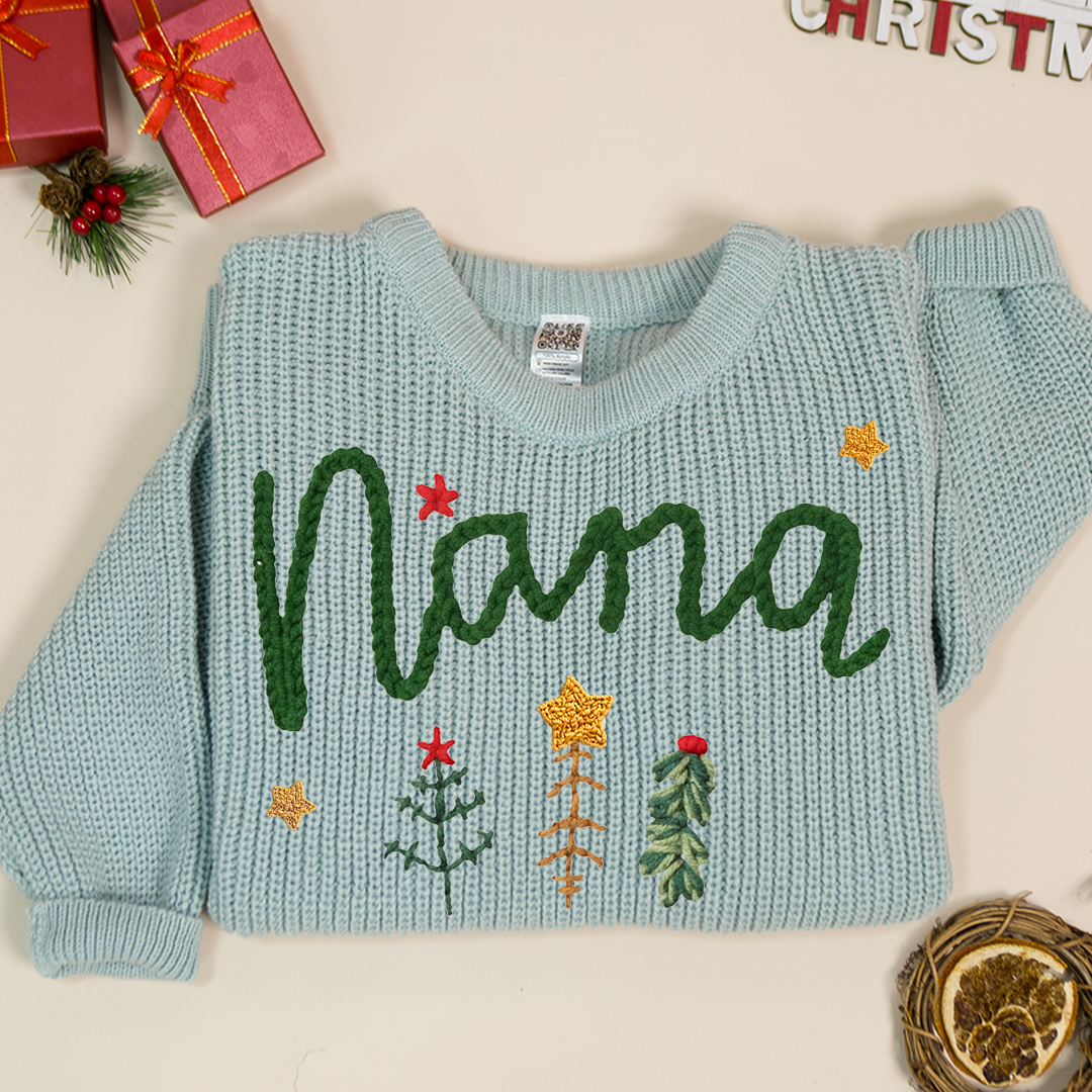 Personalized Nana Tree Hand-Embroidered Sweater, Cozy Christmas Knit Pullover, Unique Holiday Gift for Grandmas and Family