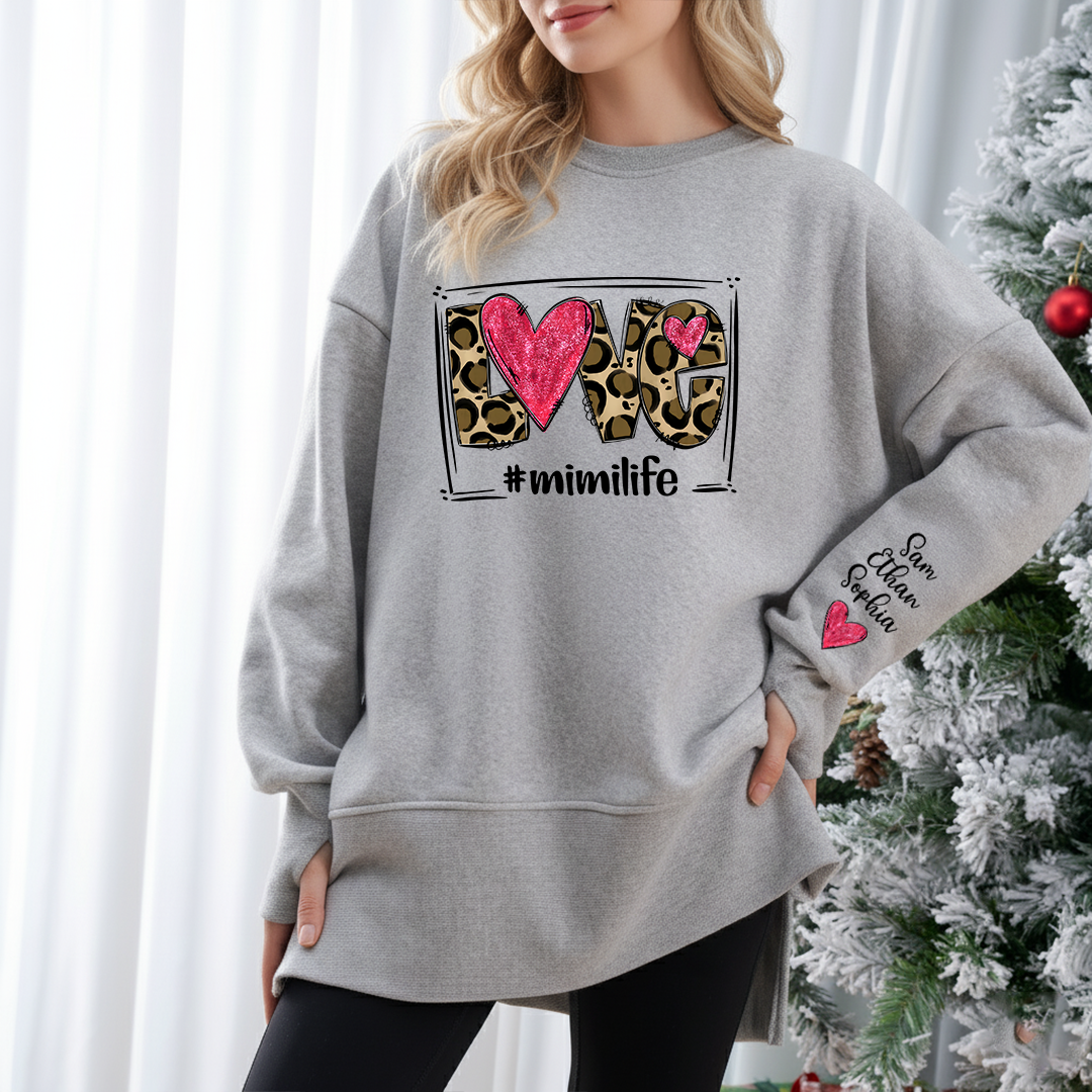 Personalized Mimi Life Oversized Sweatshirt with Leopard Heart Graphic, Custom Grandma Names on Sleeve, Cozy Relaxed Fit Pullover for Mimi, Stylish Family Inspired Apparel for Women