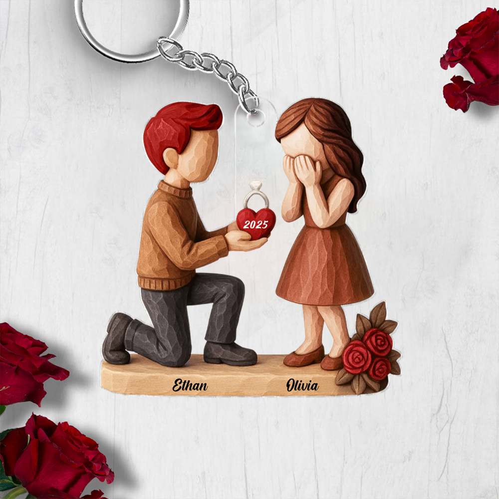 Personalized Couple Engagement Keychain With Names And Date, Romantic Proposal Gift Ornament