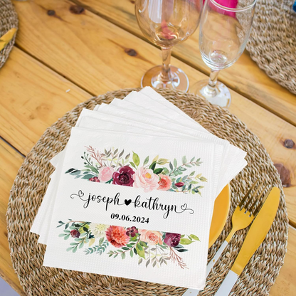 Personalized Floral Wedding Napkins with Custom Names and Date - Elegant Bridal Shower or Wedding Reception Decor, Unique Party Favors
