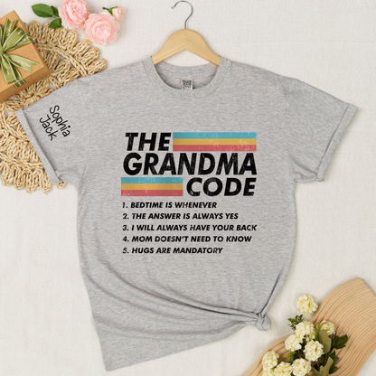 Personalized The Grandma Code" T-Shirt – Personalized Mimi, Gigi, Nana Shirts, Fun Gift for Grandparents, Mother’s Day, Birthday