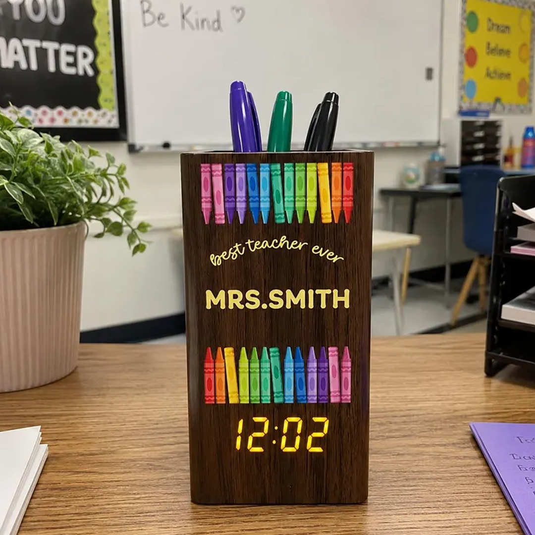 Personalized Teacher Pen Holder With Clock, Custom Desk Organizer Gift, Best Teacher Ever Appreciation Gift, Classroom Decor