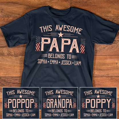 Custom This Awesome Papa T Shirt, American Flag Graphic, Personalized with Family Names for Papa