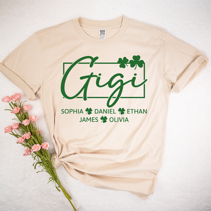 Personalized Gigi Shirt St Patricks Day Shamrock Design, Custom Grandma Shirt With Kids Names